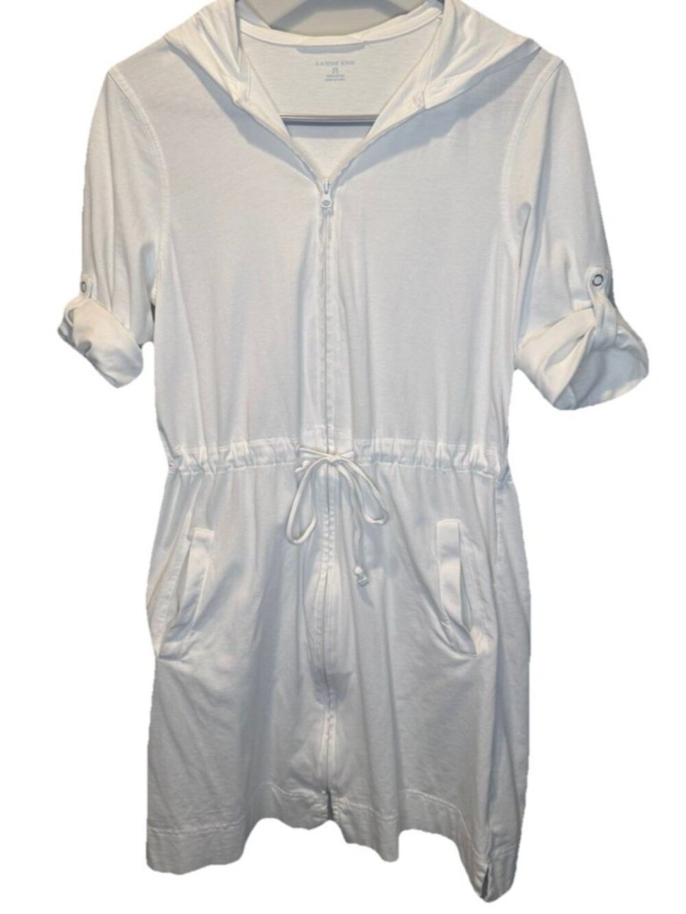 Lands End White Cotton Hooded Roll Tab Sleeve Full Zip Swimsuit Cover Up XS
